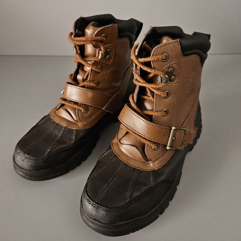 Polo Ralph Lauren Kids Duck Boots Sz 4 Youth Brown Black Lace Up Buckle Boys - Picture 3 of 16